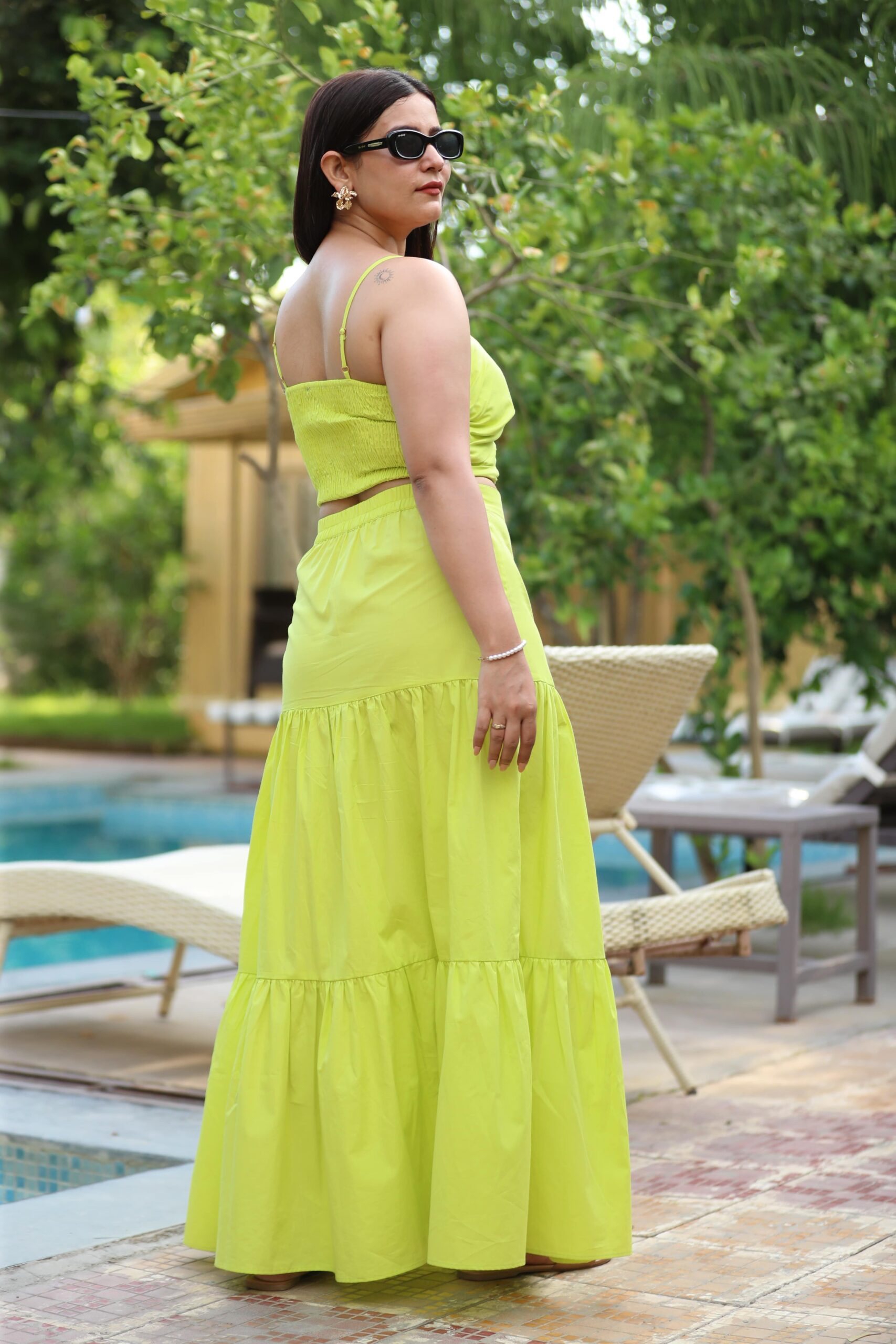 Vivid Lime High-Waist Maxi Skirt and Top Set